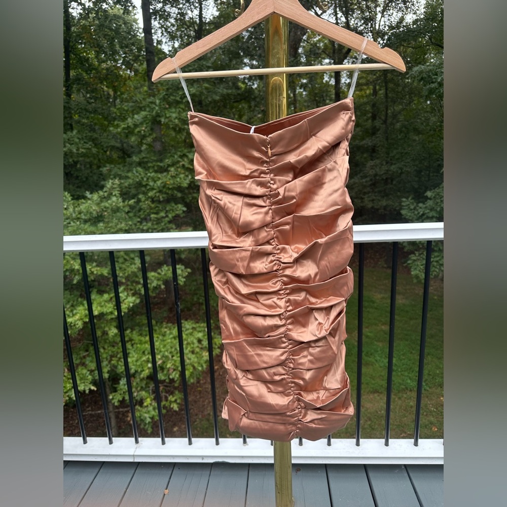Naked Wardrobe Size Small Rosegold Elegant Strapless Satin Mini Bodycon Dress - Picture 5 of 11